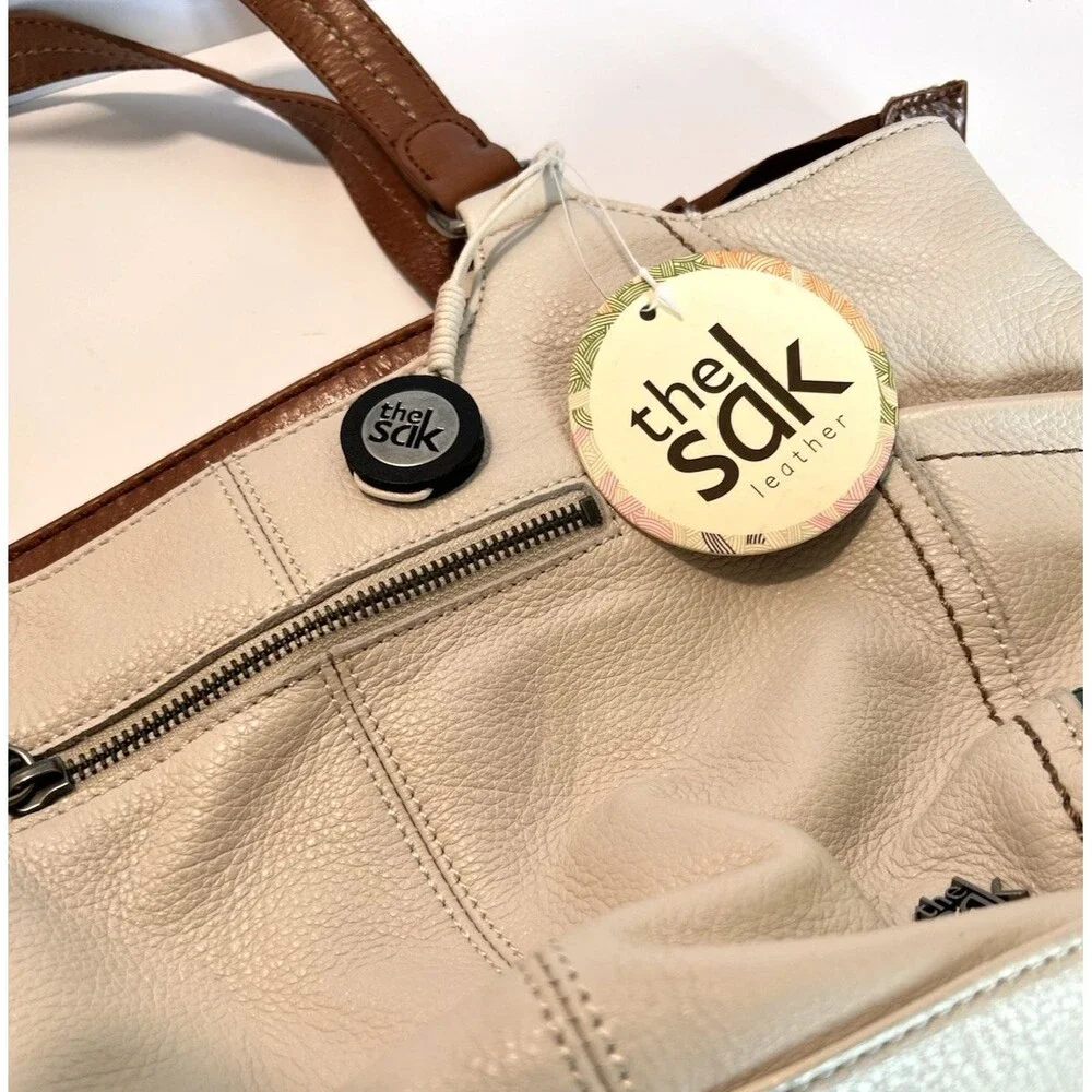 The Sak Kendra Leather Satchel Bag Cream Tan Blue Green Colorblock NWT 1990's